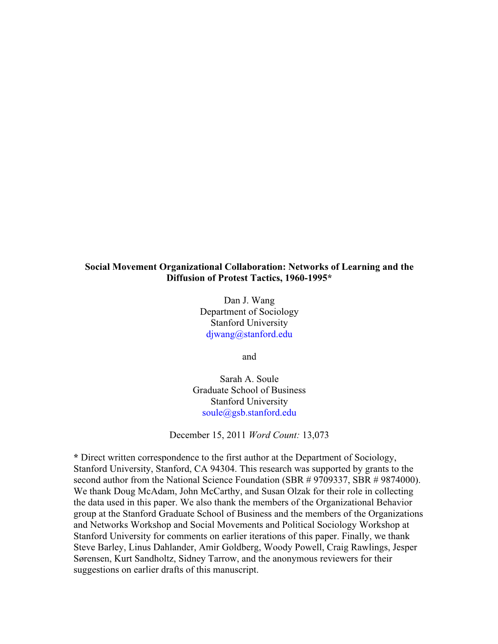 Social Movement Organizational Collaboration: Networks of Learning and the Diffusion of Protest Tactics, 1960-1995*