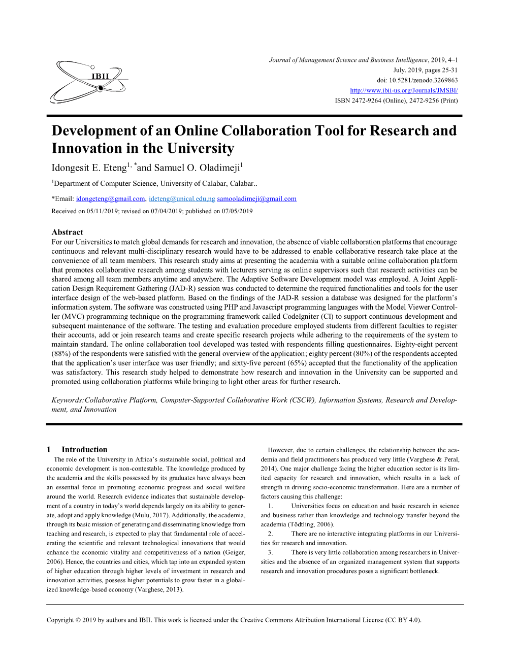 Development of an Online Collaboration Tool for Research and Innovation in the University Idongesit E