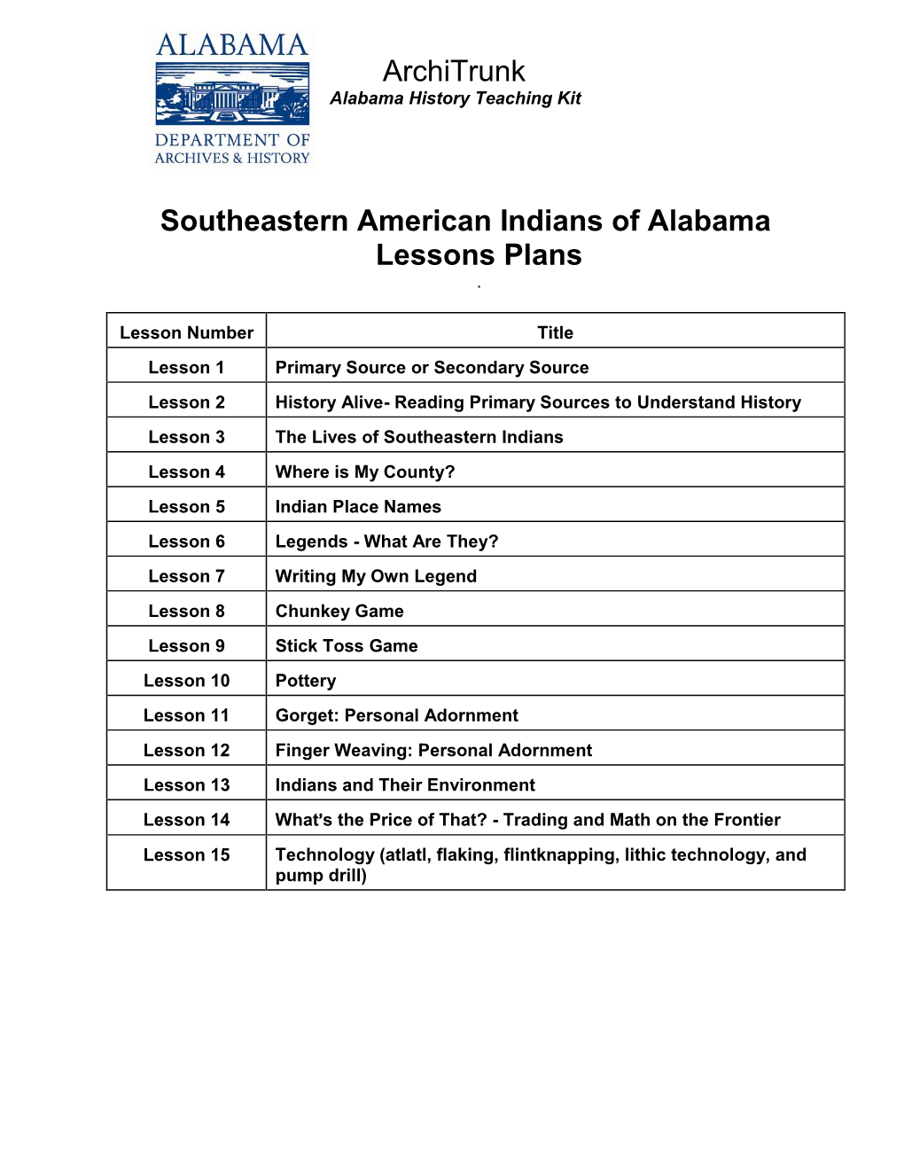 Architrunk Southeastern American Indians of Alabama Lessons Plans