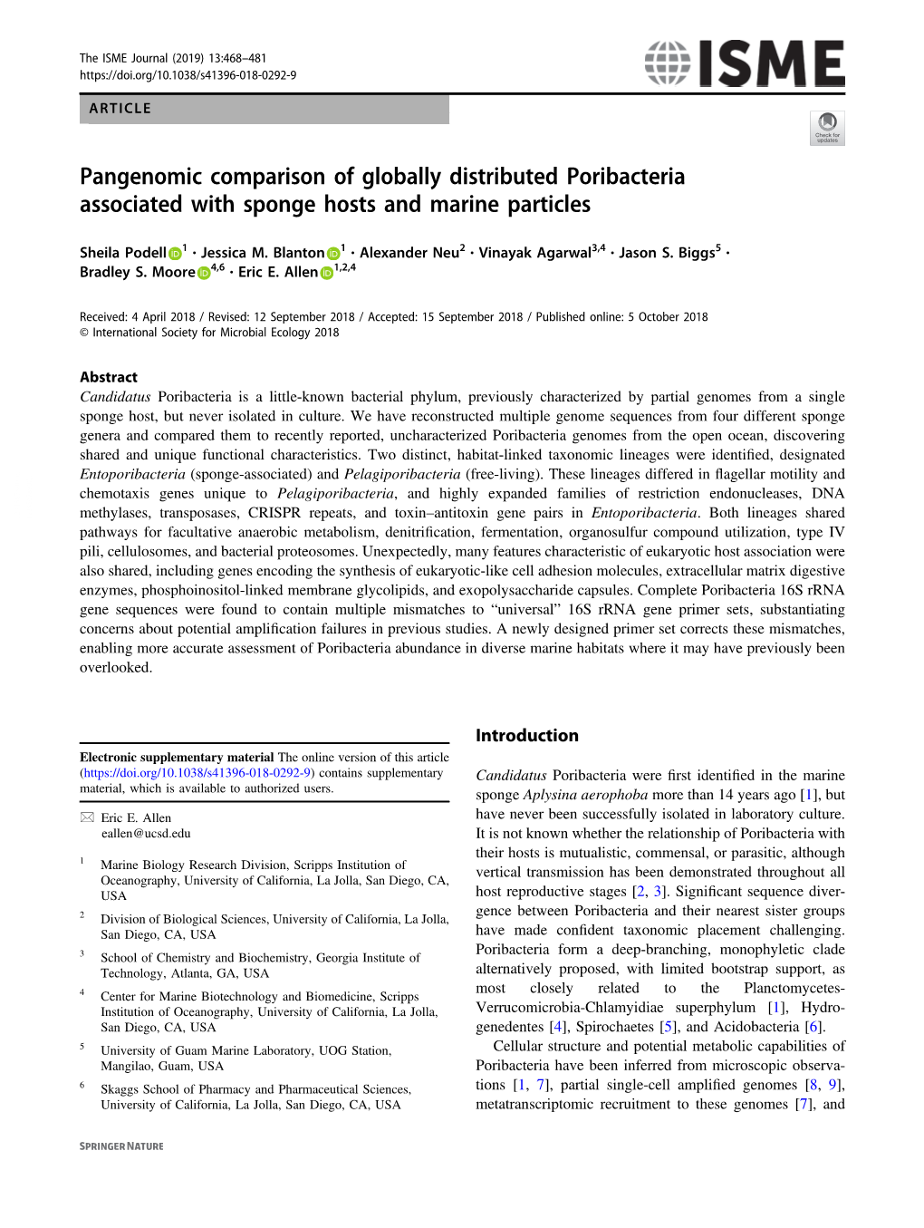 Pangenomic Comparison of Globally Distributed Poribacteria Associated with Sponge Hosts and Marine Particles