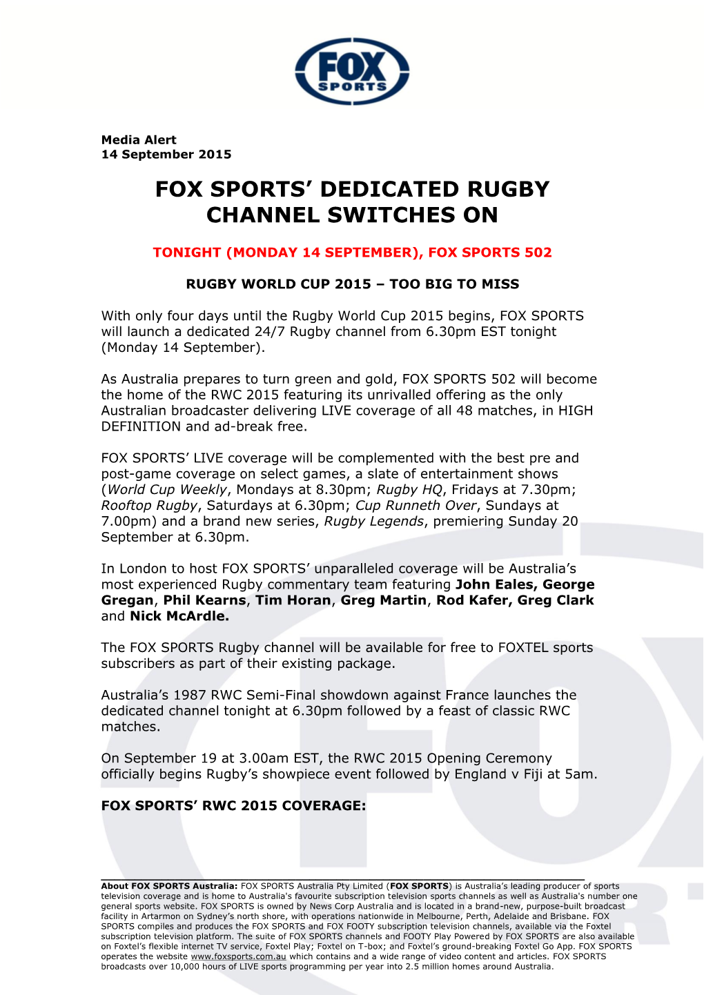 Fox Sports' Dedicated Rugby Channel Switches On