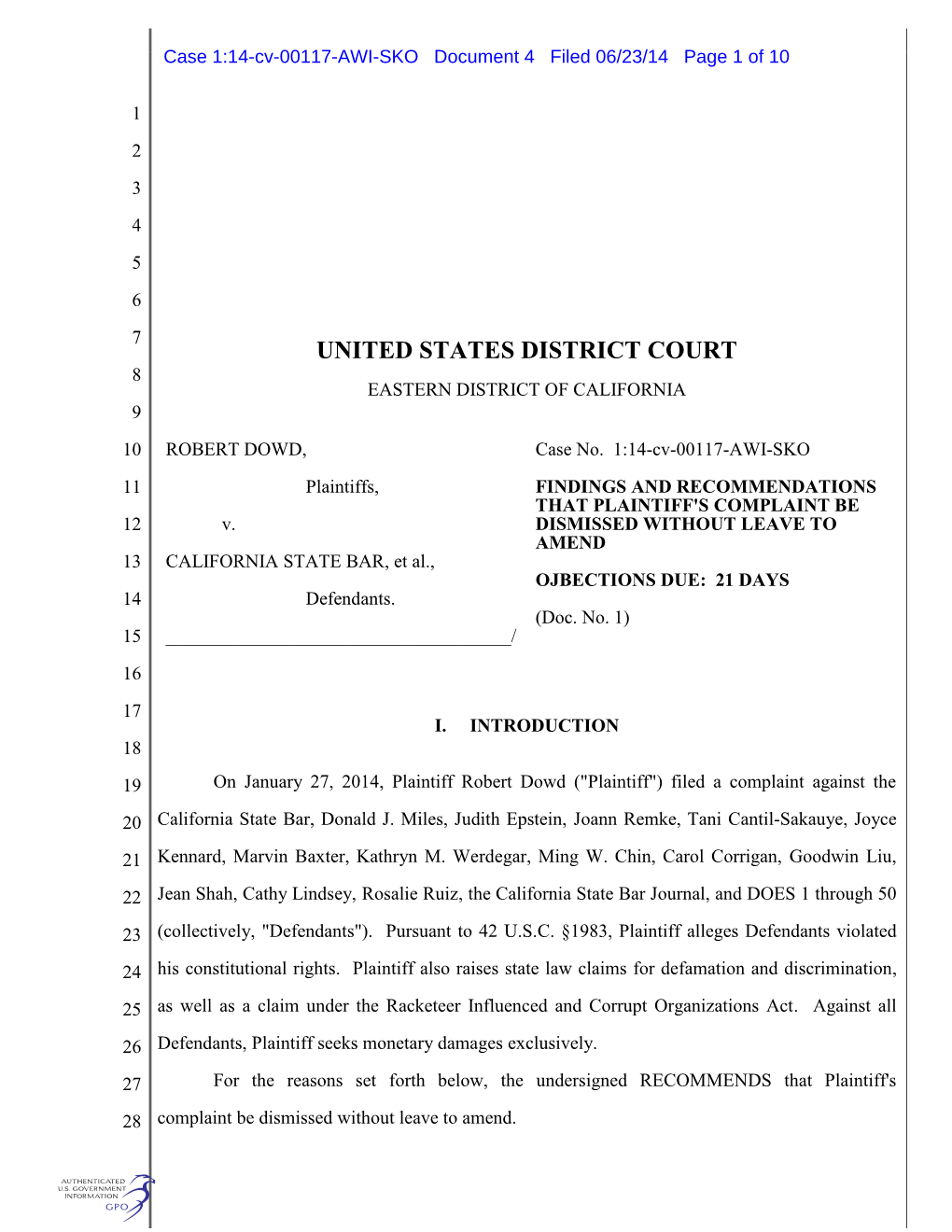 United States District Court 8 Eastern District of California 9