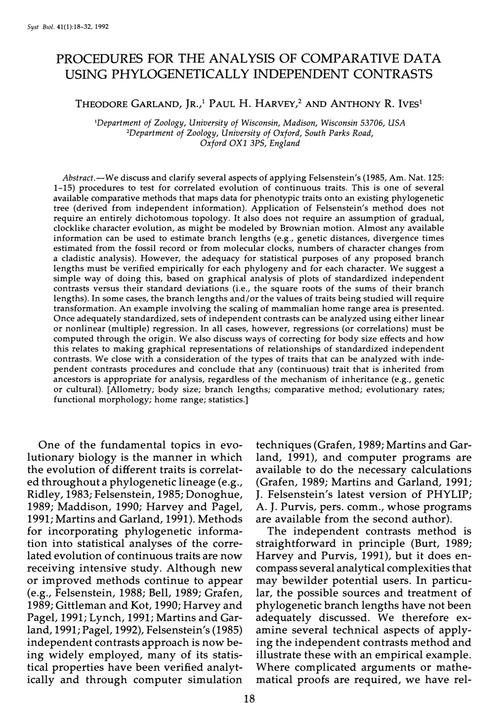 Procedures for the Analysis of Comparative'data Using Phylogenetically Independent Contrasts