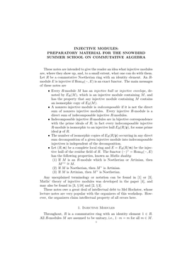 Injective Modules: Preparatory Material for the Snowbird Summer School on Commutative Algebra