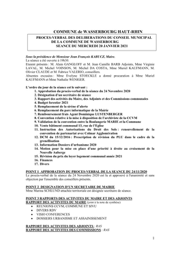 COMMUNE De WASSERBOURG HAUT-RHIN PROCES-VERBAL DES DELIBERATIONS DU CONSEIL MUNICIPAL DE LA COMMUNE DE WASSERBOURG SEANCE DU MERCREDI 20 JANVIER 2021