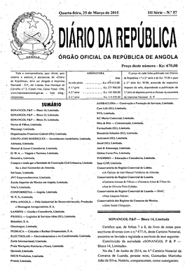 Diário Da Republica Órgão Oficial Da República De Angola