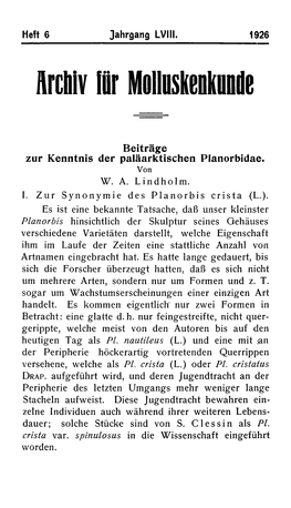 Beiträge Zur Kenntnis Der Paläarktischen Planorbidae. Wilhelm A. Lindholm