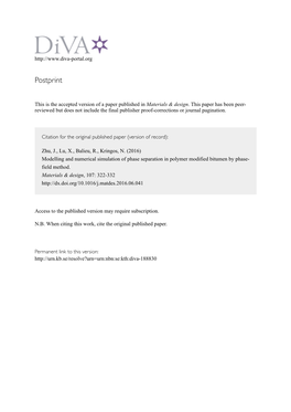 Modelling and Numerical Simulation of Phase Separation in Polymer Modified Bitumen by Phase- Field Method