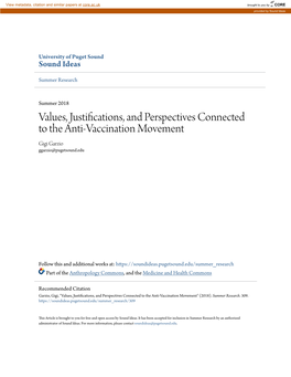 Values, Justifications, and Perspectives Connected to the Anti-Vaccination Movement Gigi Garzio Ggarzio@Pugetsound.Edu