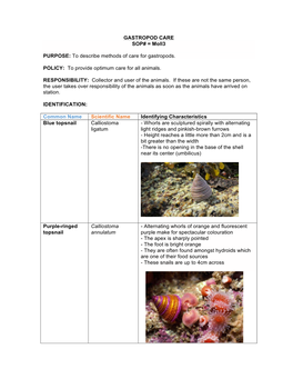 GASTROPOD CARE SOP# = Moll3 PURPOSE: to Describe Methods Of