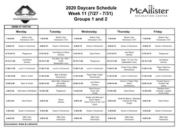 2020 Daycare Schedule Week 11 (7/27 - 7/31) Groups 1 and 2