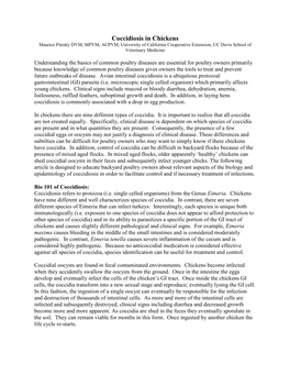 Coccidiosis in Chickens Maurice Pitesky DVM, MPVM, ACPVM, University of California Cooperative Extension, UC Davis School of Veterinary Medicine