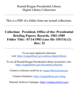 Collection: President, Office of The: Presidential Briefing Papers: Records, 1981-1989 Folder Title: 07/14/1983 (Case File 155114) (1) Box: 32