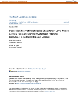 Diagnostic Efficacy of Morphological Characters of Larval Tramea Lacerata Hagen and Tramea Onusta Hagen (Odonata: Libellulidae) in the Prairie Region of Missouri