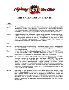2018 Calendar of Events ~