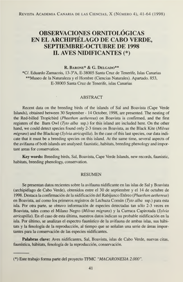 Observaciones Ornitológicas En El Archipiélago De Cabo Verde