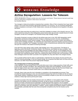 Airline Deregulation: Lessons for Telecom HBSWK Pub