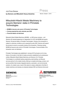 Press Release: Mitsubishi-Hitachi Metals Machinery to Acquire