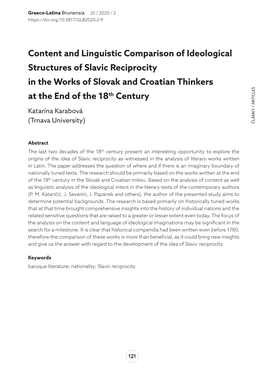 Content and Linguistic Comparison of Ideological Structures of Slavic Reciprocity in the Works of Slovak and Croatian Thinkers at the End of the 18Th Century
