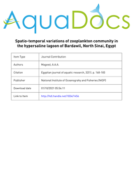 Spatio-Temporal Variations of Zooplankton Community in the Hypersaline Lagoon of Bardawil, North Sinai, Egypt