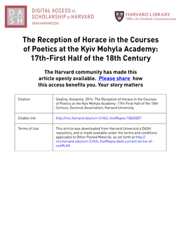The Reception of Horace in the Courses of Poetics at the Kyiv Mohyla Academy: 17Th-First Half of the 18Th Century