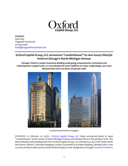 Oxford Capital Group, LLC Announces “Londonhouse” Its New Luxury Lifestyle Hotel on Chicago’S North Michigan Avenue