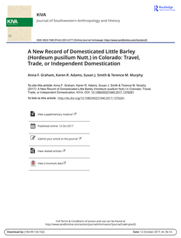 A New Record of Domesticated Little Barley (Hordeum Pusillum Nutt.) in Colorado: Travel, Trade, Or Independent Domestication