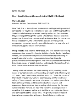 NEWS RELEASE Henry Street Settlement Responds to the COVID