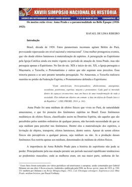 Os Mortos Estão Vivos: Anna Prado E a Paranormalidade Na Belle Époque (1918- 1923)