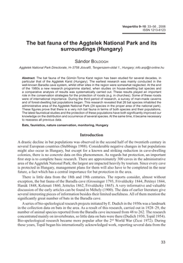 The Bat Fauna of the Aggtelek National Park and Its Surroundings (Hungary)