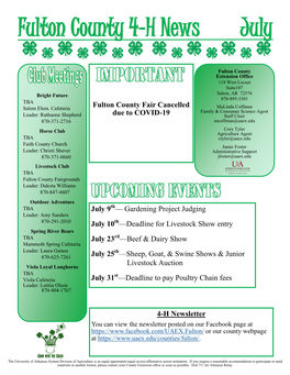 4-H Newsletter Fulton County Fair Cancelled Due to COVID-19 July