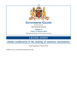 Government Gazette of the STATE of NEW SOUTH WALES Number 11 Friday, 15 January 2010 Published Under Authority by Government Advertising