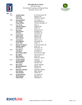2021 John Deere Classic TPC Deere Run First Round Groupings and Starting Times Thursday, July 8, 2021