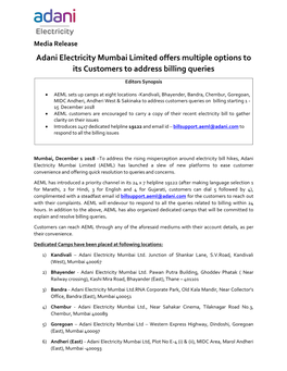Adani Electricity Mumbai Limited Offers Multiple Options to Its Customers to Address Billing Queries