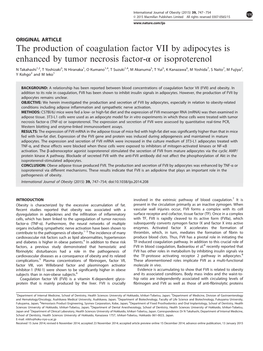 The Production of Coagulation Factor VII by Adipocytes Is Enhanced by Tumor Necrosis Factor-Α Or Isoproterenol