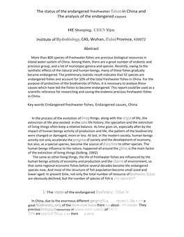 The Status of the Endangered Freshwater Fishes in China and the Analysis of the Endangered Causes Institute of Hydrobiology