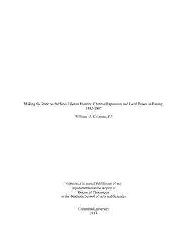 Making the State on the Sino-Tibetan Frontier: Chinese Expansion and Local Power in Batang, 1842-1939