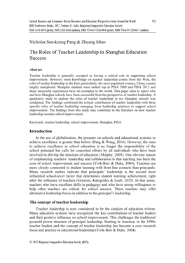 The Roles of Teacher Leadership in Shanghai Education Success