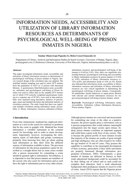 Information Needs, Accessibility and Utilization of Library Information Resources As Determinants of Psychological Well-Being of Prison Inmates in Nigeria