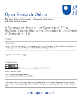 A Comparative Study of the Responses of Three Highland Communities to the Disruption in the Church of Scotland in 1843 Thesis