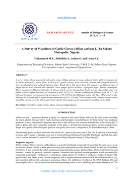 A Survey of Mycoflora of Garlic Cloves (Allium Sativum L.) in Sokoto Metropolis, Nigeria