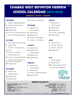 Chabad West Boynton Hebrew School Calendar 2019-2020