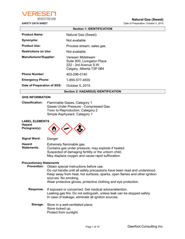 Natural Gas (Sweet) SAFETY DATA SHEET Date of Preparation: October 5, 2015 Section 1: IDENTIFICATION Product Name: Natural Gas (Sweet) Synonyms: Not Available