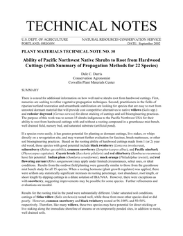 Technical Note 30: Ability of Pacific Northwest Shrubs to Root From