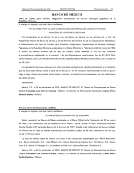 BANCO DE MEXICO TIPO De Cambio Para Solventar Obligaciones Denominadas En Moneda Extranjera Pagaderas En La República Mexicana