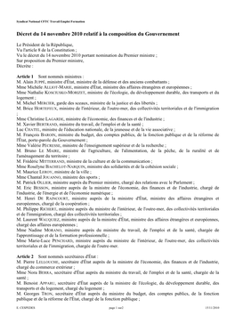 Décret Du 14 Novembre 2010 Relatif À La Composition Du Gouvernement