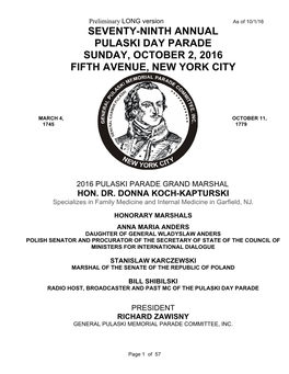 Seventy-Ninth Annual Pulaski Day Parade Sunday, October 2, 2016 Fifth Avenue, New York City