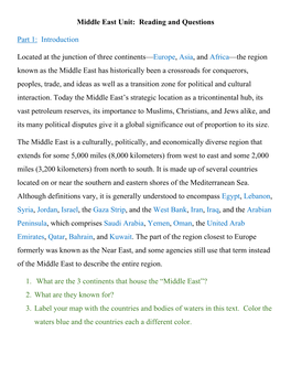Middle East Unit: Reading and Questions Part 1:​ Introduction Located at the Junction of Three Continents—​Europe​,​
