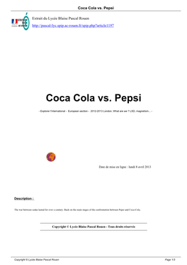 Coca Cola Vs. Pepsi