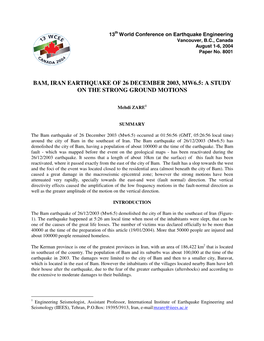 Bam, Iran Earthquake of 26 December 2003, Mw6.5: a Study on the Strong Ground Motions